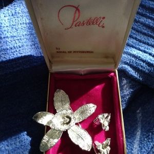 Signed Pastelli Orchid Brooch and Earings Box Set